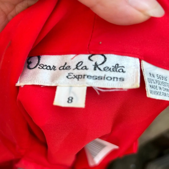 OSCAR DE LA RENTA EXPRESSIONS RED TIE NECK PUFF SLEEVE BLOUSE - Picture 4 of 5